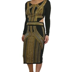 BEBE black, gold , silver studded long sleeves dress